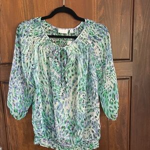 New York & Company Green Blue Patterned sheer Blouse